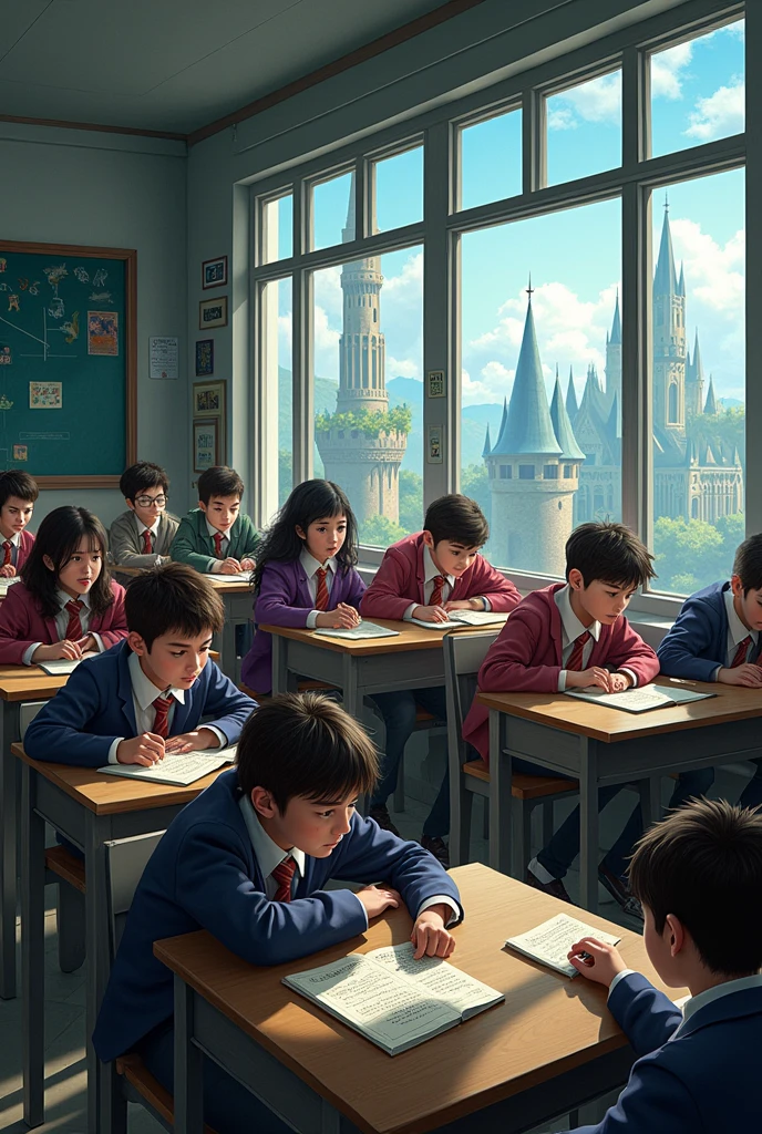 High school class in a fantasy world with dangerous scenarios