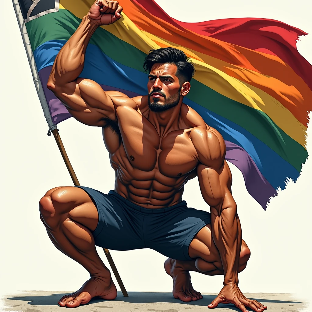 anime art, marvel art style, a hot shirtless sweaty latin tanned male, wearing soccer shorts, big bulge, holding a lgbt flag with a X mark in it, squatting down