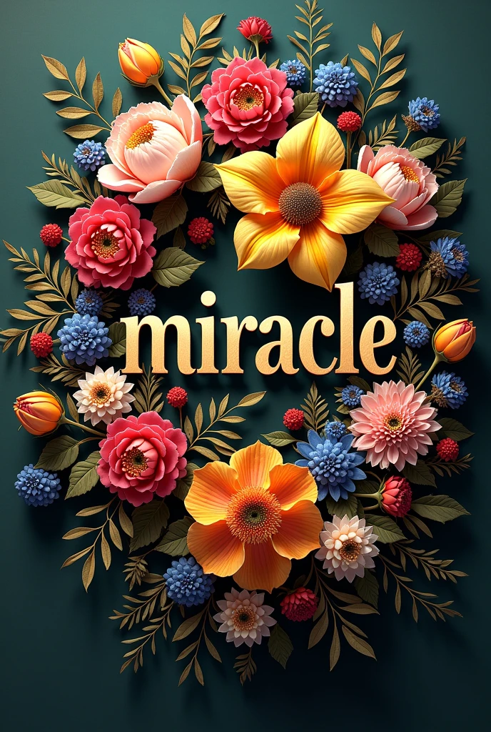 Image décoré avec des fleurs multicolore avec le nom " Miracle " au milieu 