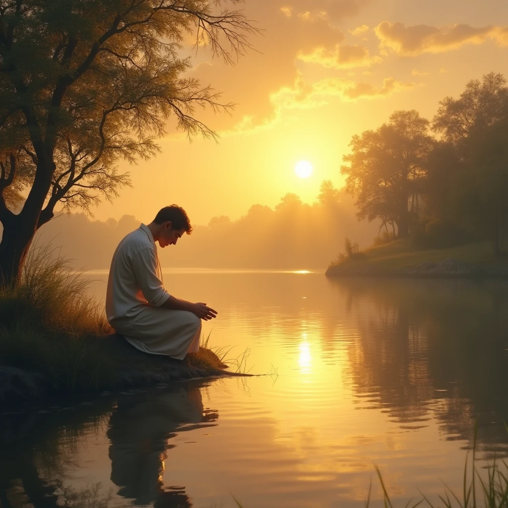Create an image of a person kneeling beside a still pond at sunrise. The water reflects the brilliant light of the dawn, symbolizing God's response to their cry and His presence that brings hope and renewal.