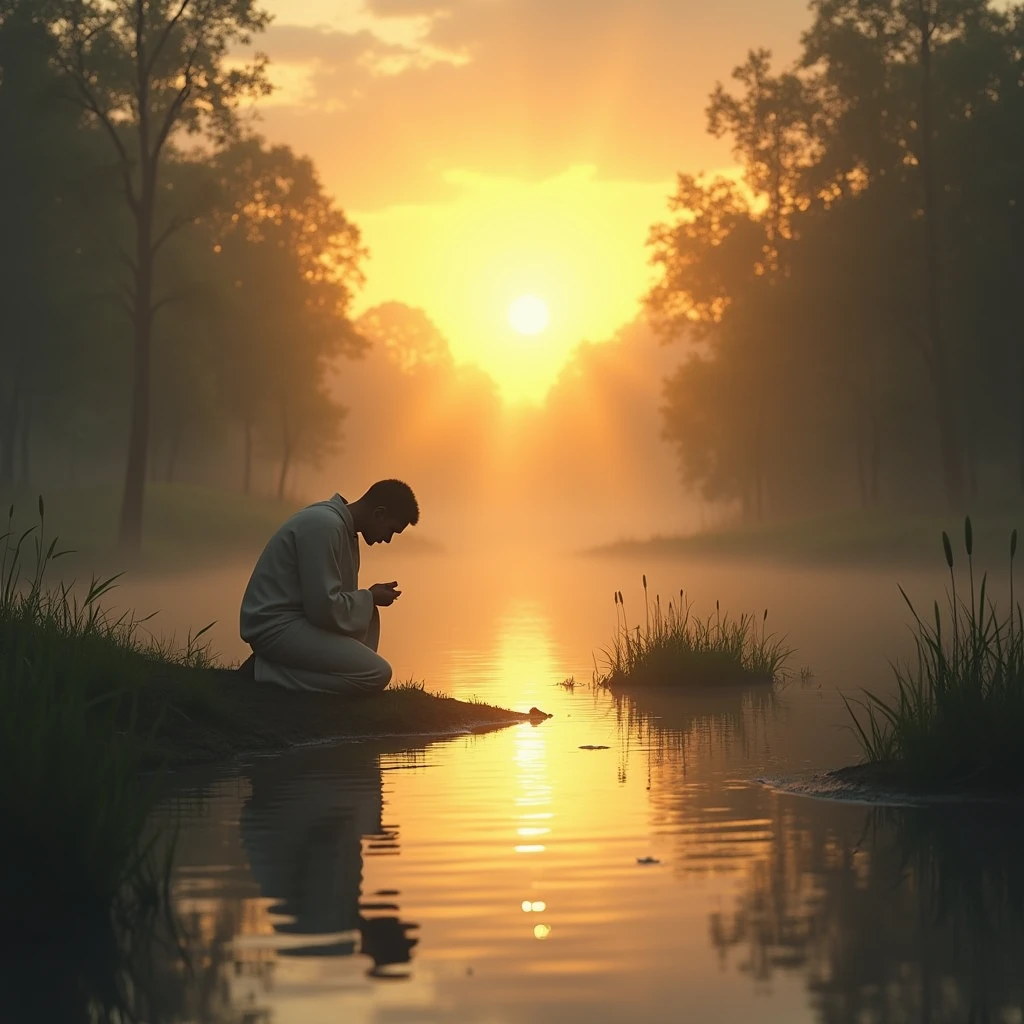 Create an image of a person kneeling beside a still pond at sunrise. The water reflects the brilliant light of the dawn, symbolizing God's response to their cry and His presence that brings hope and renewal.