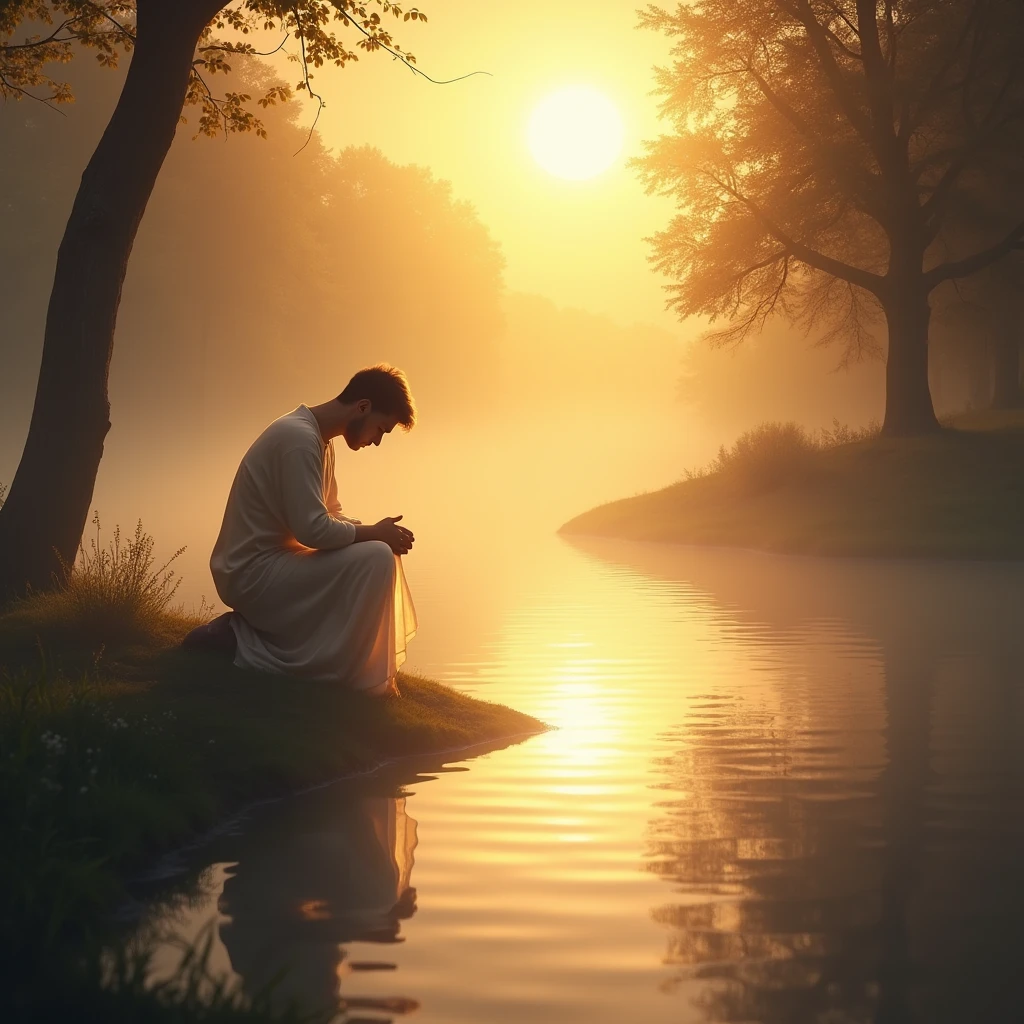 Create an image of a person kneeling beside a still pond at sunrise. The water reflects the brilliant light of the dawn, symbolizing God's response to their cry and His presence that brings hope and renewal.