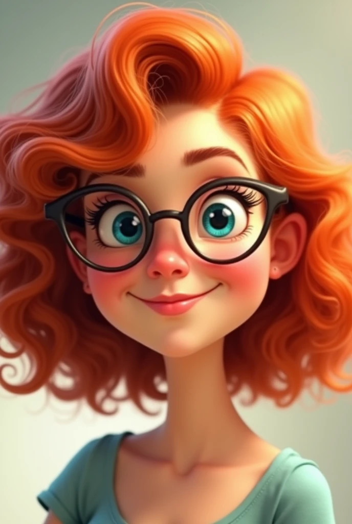 Red curly shoulder length hair, woman, round glasses, animated, smile, blue eyes, small neck