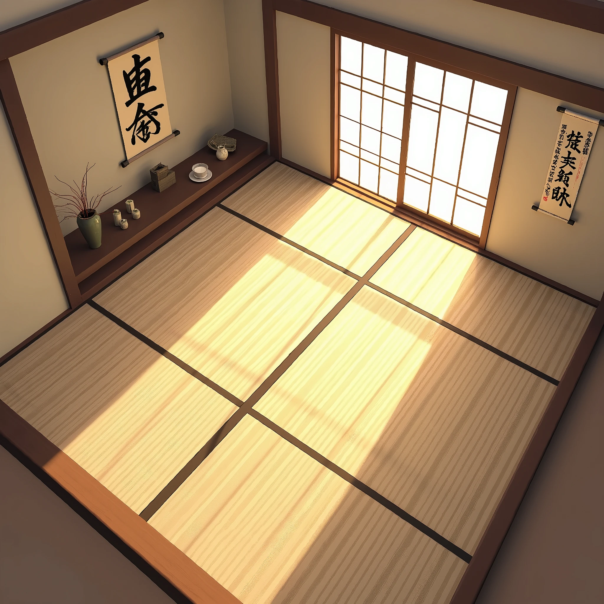 Create a traditional Japanese room viewed from above, focusing on the tatami mat flooring. The room should have no furniture, just the tatami mats laid out in a traditional pattern. Include simple sliding shoji doors along the walls, with natural light gently filtering through. The space should feel minimalistic and serene, with only a scroll of calligraphy hanging on one wall and a small alcove with a simple flower arrangement.Create a traditional Japanese room viewed from above, focusing on the tatami mat flooring. The room should have no furniture, just the tatami mats laid out in a traditional pattern. Include simple sliding shoji doors along the walls, with natural light gently filtering through. The space should feel minimalistic and serene, with only a scroll of calligraphy hanging on one wall and a small alcove with a simple flower arrangement.