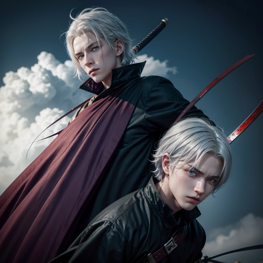 A  boy with white hair, blue eyes with dark green and a katana, and behind him a girl with red eyes floating red hair color and purple streaks