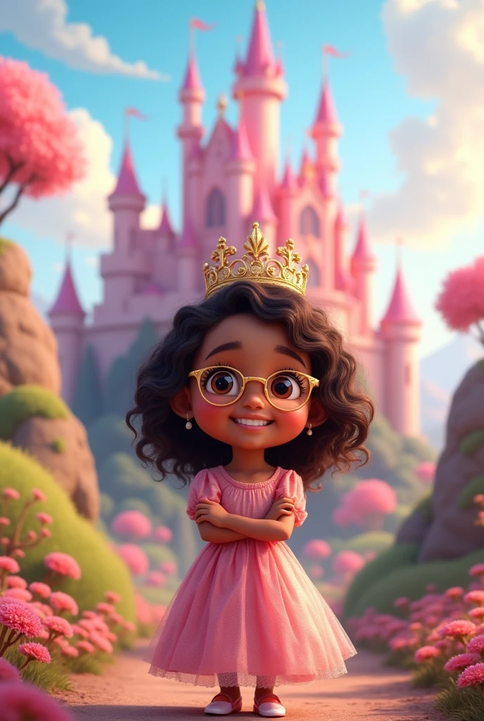 Little princess, full body image, , wears glasses and a crown, eyes browns, brown skin, smiling, shoulder length hair, curly and dark brown, in the background landscape pink castle