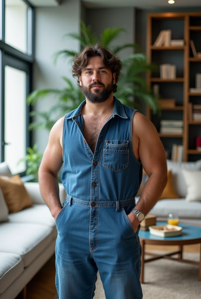 high fashion photography of a curvy man as a ((baker)) with ((wavy hair)) wearing (retro 80s clothes),dressed in denim jumpsuit,blue color,zipper front,sleeveless,modern room,large window,green plant,white sofa,coffee table,beige pillows,gray walls,standing upright,hand on jacket,confident stance,close-up shot,low camera angle,shallow depth of field,in a library where books sprout legs and share their tales,recessed lighting,(hero view:1.3),shot on Sony A6400 with Sony E 35mm f-1.8 OSS,photo by Nobuyoshi Araki