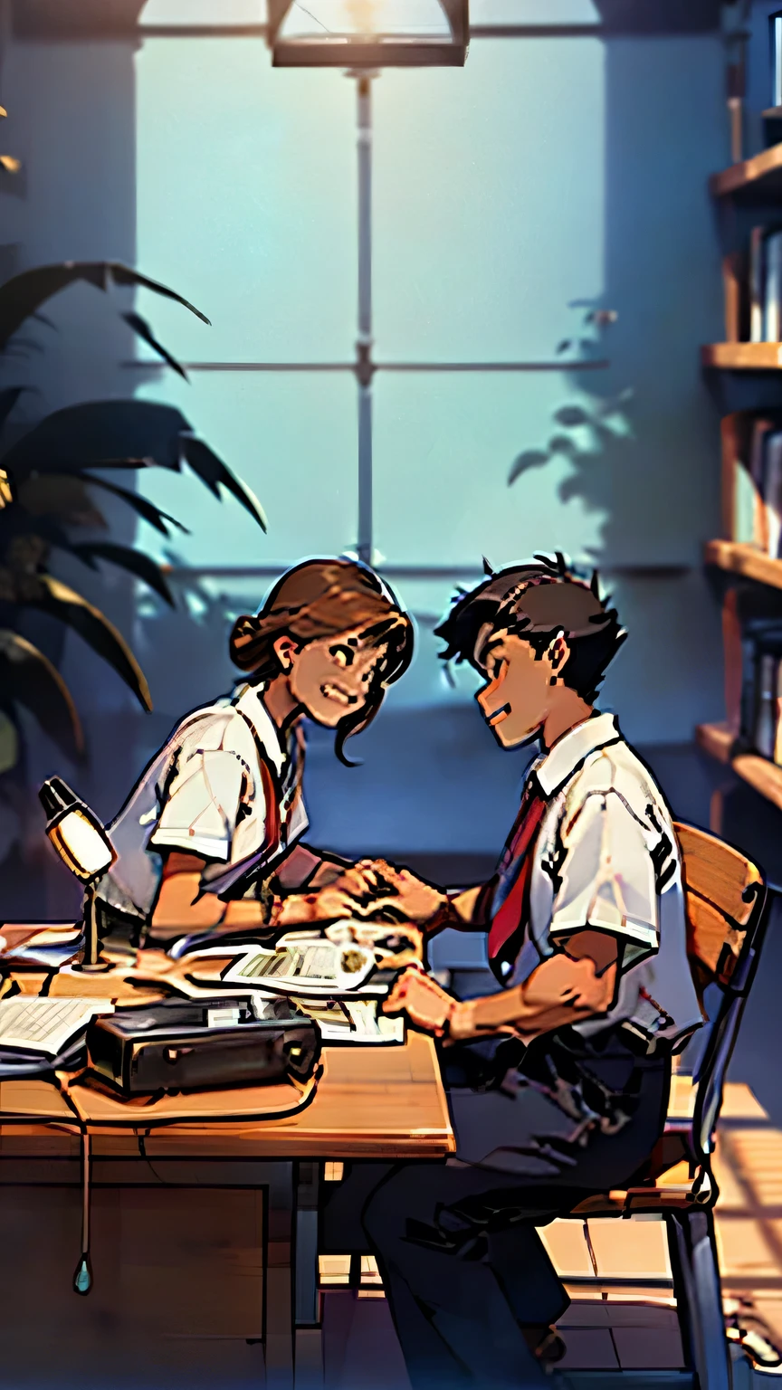 Create an anime-style image set in a bright and cozy library. The scene features two high school students, a boy and a girl, sitting side by side at a wooden desk. The boy is wearing a cutter shirt with a tie and pants, while the girl is dressed in a sailor-style uniform with a skirt. They are sitting side by side, with open books spread out on the desk in front of them, studying together. Both students are holding pens, writing something in their notebooks while looking at the books on the desk. They are smiling and enjoying each other's company. The scene is viewed from the front, showing their faces and the warm, soft light illuminating the space, creating a cheerful and pleasant atmosphere. In the background, large windows reveal a clear summer sky with vibrant blue colors, enhancing the fresh and lively ambiance. The bookshelves filled with books further emphasize the library setting.