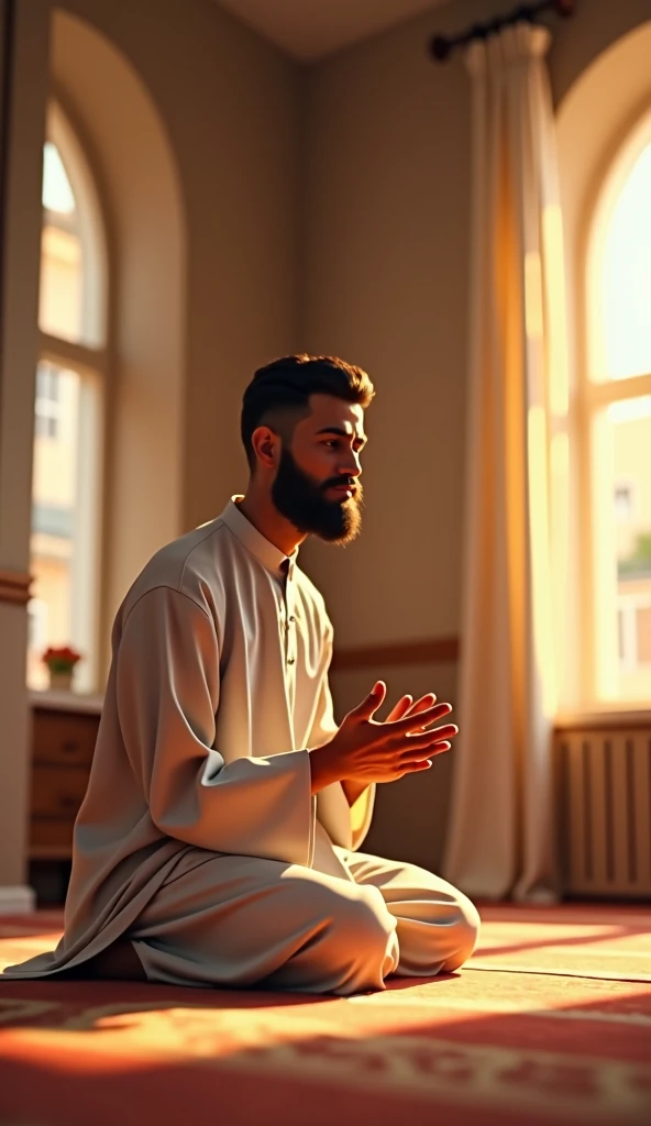 Pixar style images Of A Muslim man praying in a modest room, dressed in simple clothes that cover from his navel to his knees. He is deeply focused on his prayer, the room is softly lit with minimal decor, evoking a sense of peace and devotion