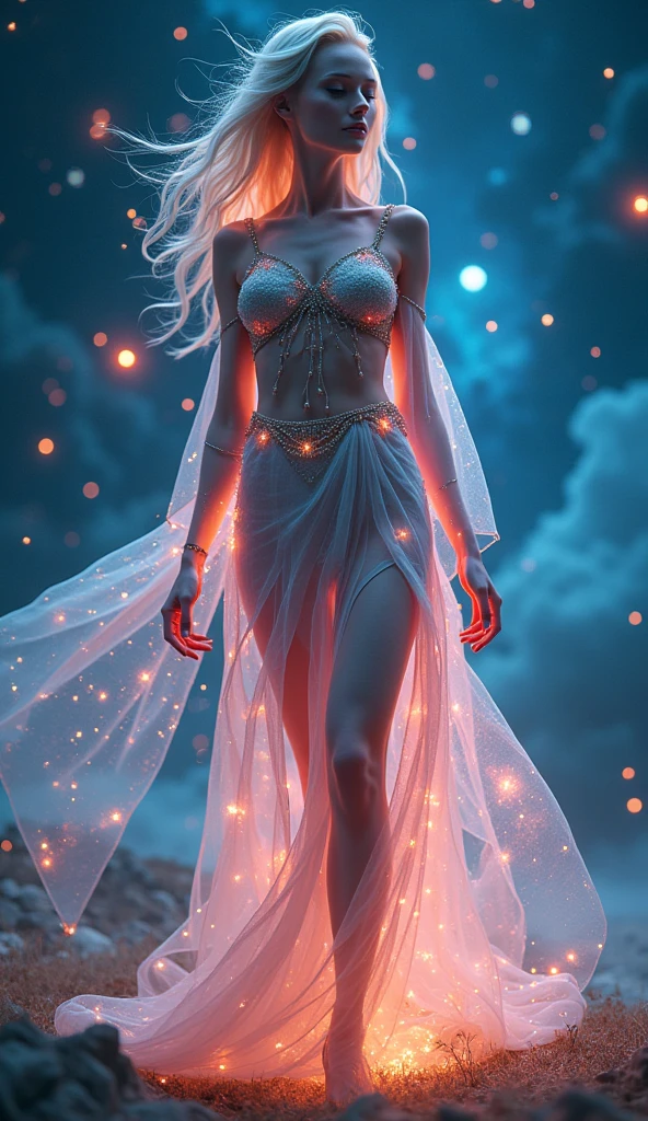 A complete body form of a stunningly beautiful, hyper realistic, ethereal woman with incredible bright, wearing a colorful, sparkling, dangling, glowing, boho, goth, flowing, sheer, fairy, witch's outfit on a breathtaking night with stars and colors with glowing, detailed sprites flying about