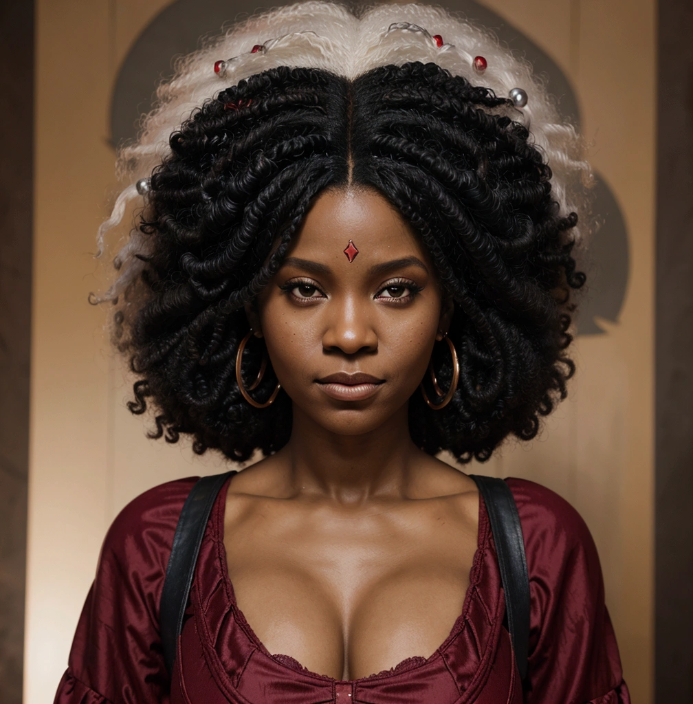 a close up of a woman with a large afro wearing a red dress, detailed character portrait, portrait of ororo munroe, dnd character art portrait, d & d character portrait, portrait of a dnd character, portrait of destiny from sandman, dnd character portrait, fantasy characture portrait, charlie bowater character art, character art portrait, afro hair, black power hair