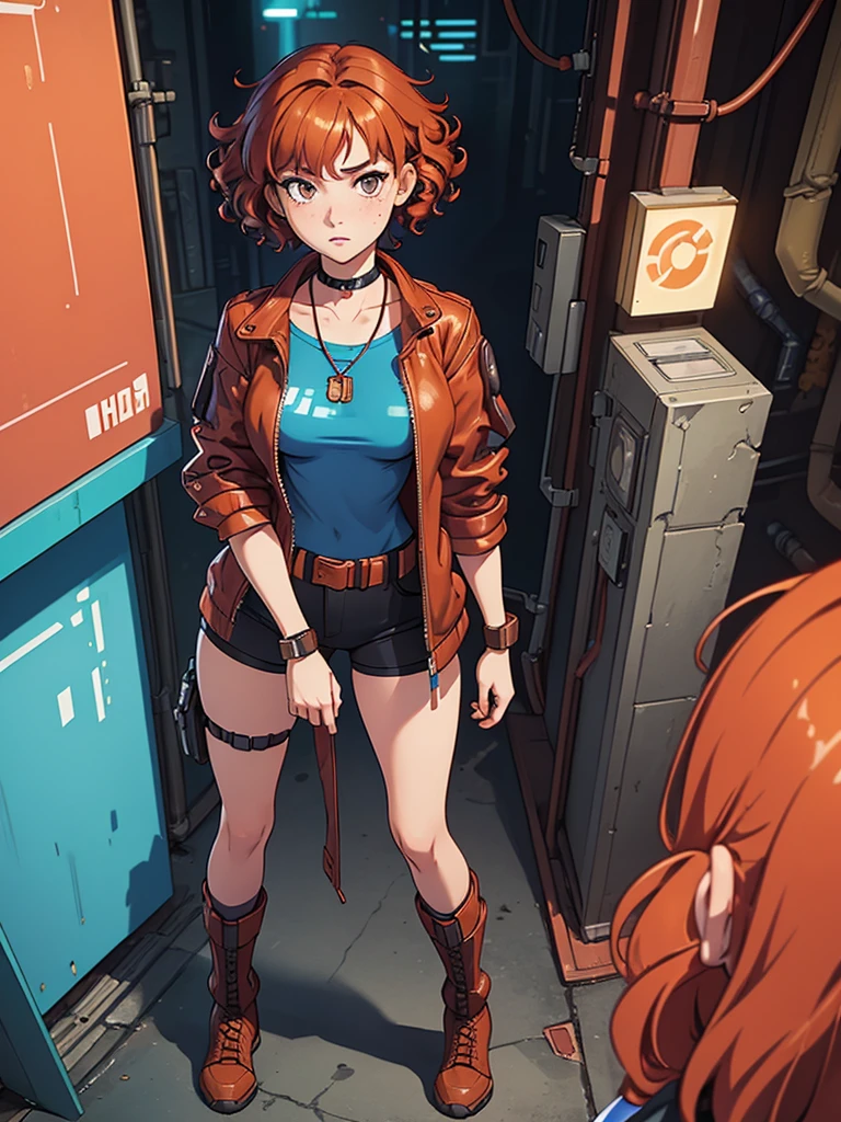 (masterpiece), (best quality), (1girl), (adult), (copper red hair), (curly hair), (short hair),  body figure, small breasts, (brown eyes), freckles, (cyberpunk outfit), (blue clothes), boots, chocker necklace