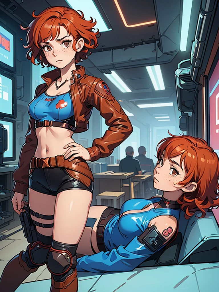 (masterpiece), (best quality), (1girl), (adult), (copper red hair), (curly hair), (short hair),  body figure, small breasts, (brown eyes), freckles, (cyberpunk outfit), (blue clothes), boots, chocker necklace