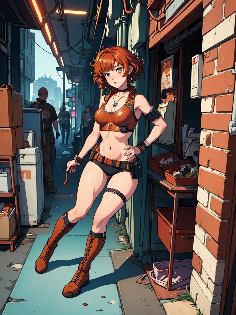 (masterpiece), (best quality), (1girl), (adult), (copper red hair), (curly hair), (short hair), body figure, small breasts, (brown eyes), freckles, (cyberpunk outfit), (blue clothes), boots, chocker necklace