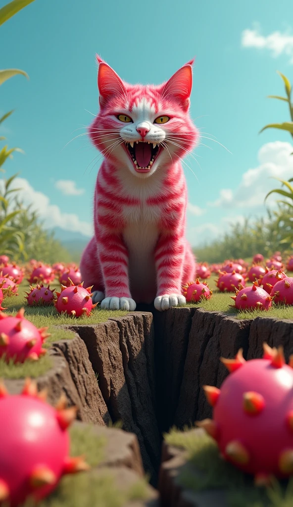 create realistic images A bright red striped cat emerges from a deep crack in a field filled with dragon fruits. The cat has exaggerated features, with a fierce expression and sharp fangs. Surrounding it, numerous dragon fruits are scattered across the landscape under a clear blue sky, creating a surreal and whimsical scene.