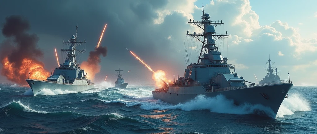 2024; (masterpiece, best quality) destroyed sea; giant waves; naval battles between aircraft carriers; explosions; bombs exploding