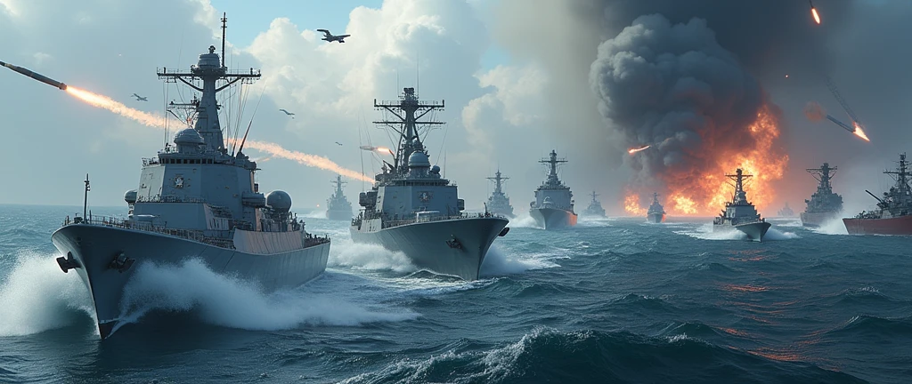 High-resolution photo of a naval battle between China and the United States, featuring modern warships, missile launches, and intense sea skirmishes, with dramatic lighting and a turbulent ocean backdrop, masterpiece, best quality, 4k, realistic style, dynamic lighting, depth of field, detailed ships, detailed battle scene.