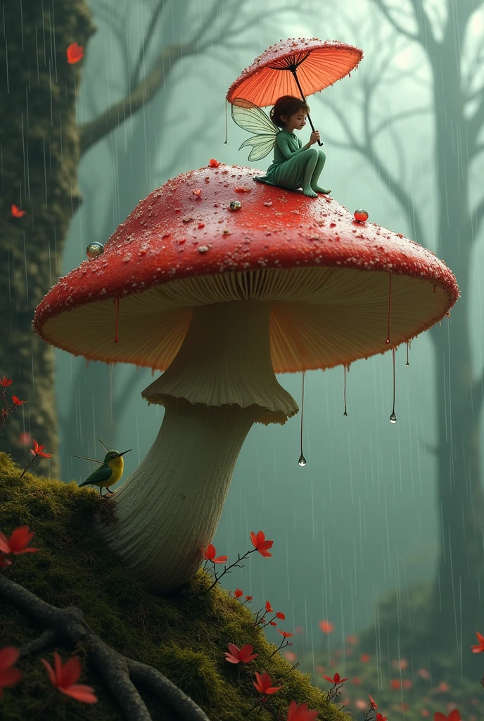 A charming little fairy, no larger than a hummingbird, perched precariously on the edge of a colossal red mushroom cap. She's clutching a delicate parasol of spider silk and petals, which is the only thing providing a pop of color in this otherwise monochromatic scene. The mushroom itself appears ancient and wise, with a gnarled stem that reaches deep into the shadowy earth. Above, the sky is a tumultuous mix of grays and whites, as if a storm is imminently approaching. The fairy's wings are tucked tightly against her body, and her expression is one of intense concentration as she watches the horizon. Her skin is a soft shade of mint green, a stark contrast to the darker tones of the mushroom and the impending storm. The mushroom's gills are a maze of intricate patterns, hinting at a hidden world beneath the cap. The surrounding forest floor is a canvas of moss and fallen leaves, painted in shades of brown and olive that only enhance the fairy's ethereal presence. The image is framed by a soft, almost imperceptible glow emanating from the edges of the mushroom, as if it's providing a protective barrier from the storm's approach. Each raindrop is frozen in time, mid-fall, creating a sense of suspense in the air. The fairy's eyes, however, are not filled with fear but rather determination, as if she knows she's found the perfect shelter in this grand fungal fortress. Her stance and the tension in her arms suggest she's ready to take flight at a moment's notice, yet equally prepared to stand her ground. The scene captures the delicate balance between the whimsical and the wild, a moment of respite amidst the looming chaos of nature.