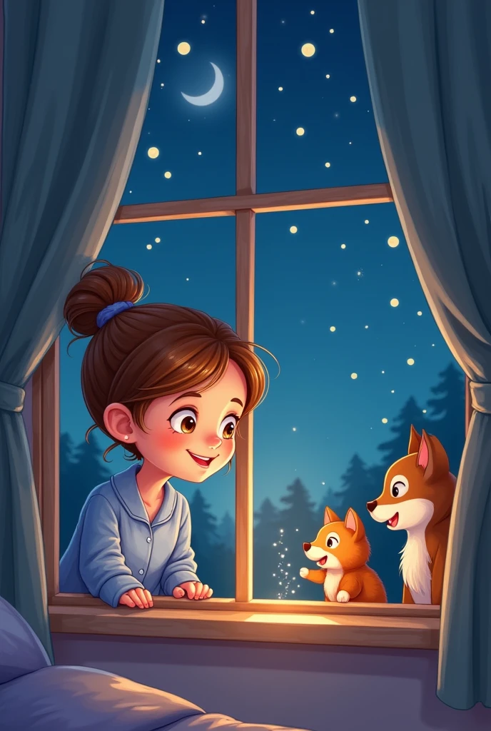 Create a cartoon image where a girl is saying goodnight to a dog, Cat and a squirrel through a window, Since the girl is inside the house and the animals are outside the house, that is, on the other side of the window. 