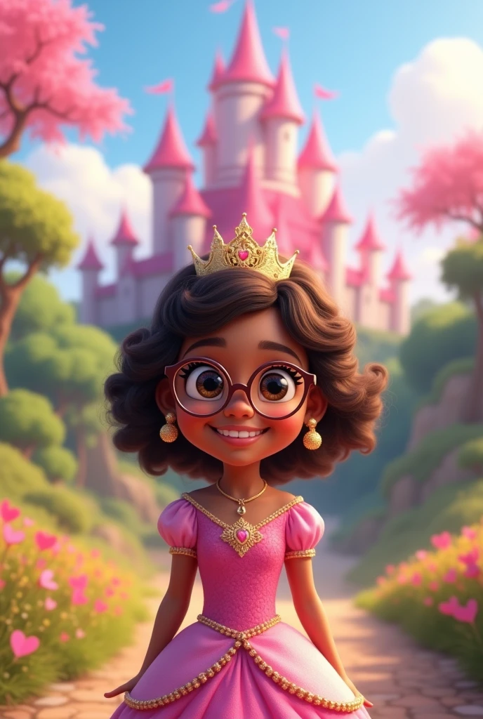 Little princess, full body image, , wears glasses and a crown, eyes browns, brown skin, smiling, shoulder length hair, curly and dark brown, in the background landscape pink castle