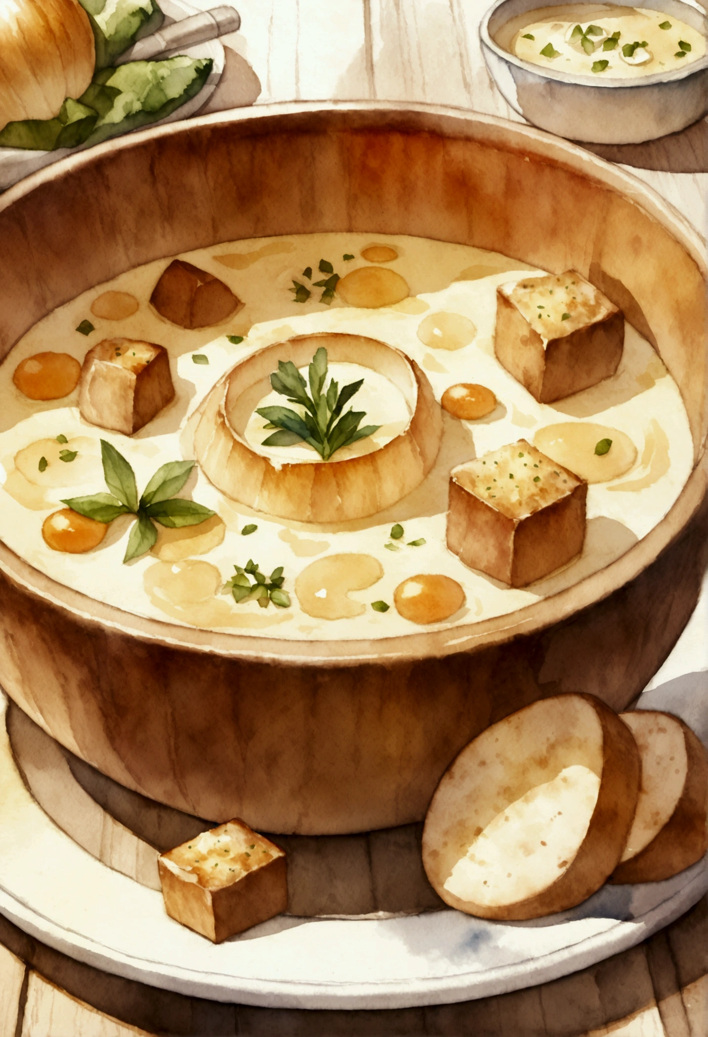 A beautiful watercolor illustration of onion creamy French soup with croutons