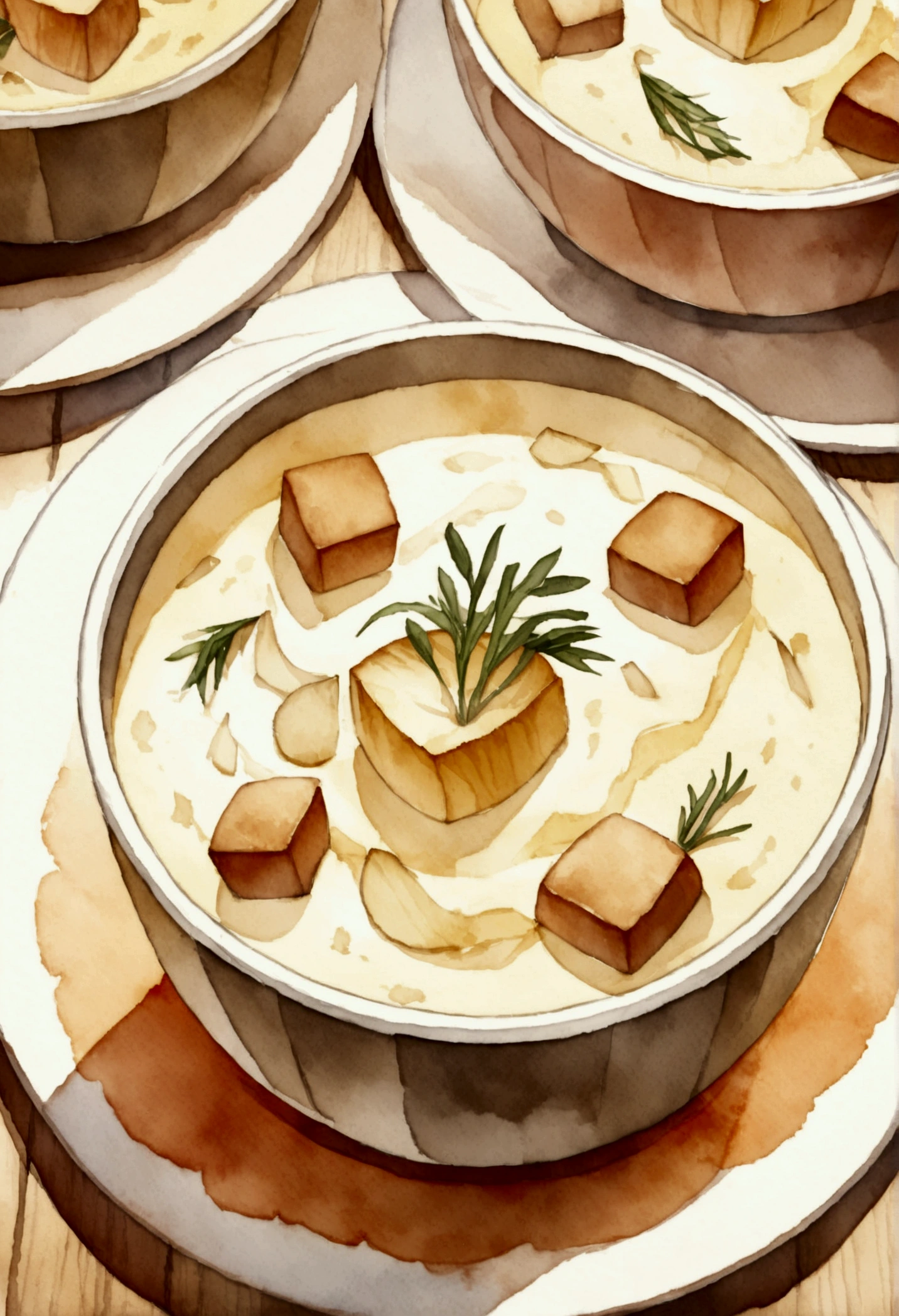 A beautiful watercolor illustration of onion creamy French soup with croutons