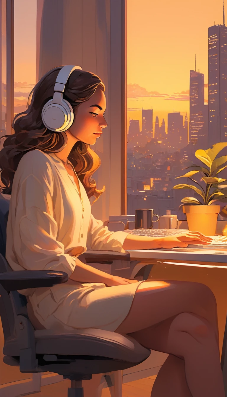 A young woman is sitting comfortably in a modern, cozy room with a cityscape visible through a large window at night. The main object of focus is the woman, who appears to be in her late teens or early twenties. She has long, wavy brown hair and is wearing a pair of large over-ear headphones. Her eyes are closed, and she has a serene, relaxed expression on her face as she listens to music. The woman is seated in a plush armchair, which is positioned to the right of a wooden desk. On the desk, there is a modern desktop computer, a ceramic coffee mug, and a small potted plant. A desk lamp with a warm, yellow glow is placed on the left side of the desk, casting a soft light over the scene. The light from the lamp is the primary light source, illuminating the woman and creating gentle shadows around her. In the background, the large window offers a stunning view of the city at night, with numerous skyscrapers and their illuminated windows creating a vibrant, urban atmosphere. The room itself is painted in neutral tones, with the walls adorned with minimalistic decor. The overall color scheme of the image features warm tones from the lamp and the cooler tones of the night cityscape, creating a balanced and visually appealing contrast. The perspective of the image is from a slight angle, allowing for a clear view of the woman, the desk, and the background cityscape. The size of the image is rectangular, with a wide aspect ratio that captures the breadth of the scene. The theme of the image is calm and relaxation, with an emphasis on the soothing environment and the woman's peaceful state.