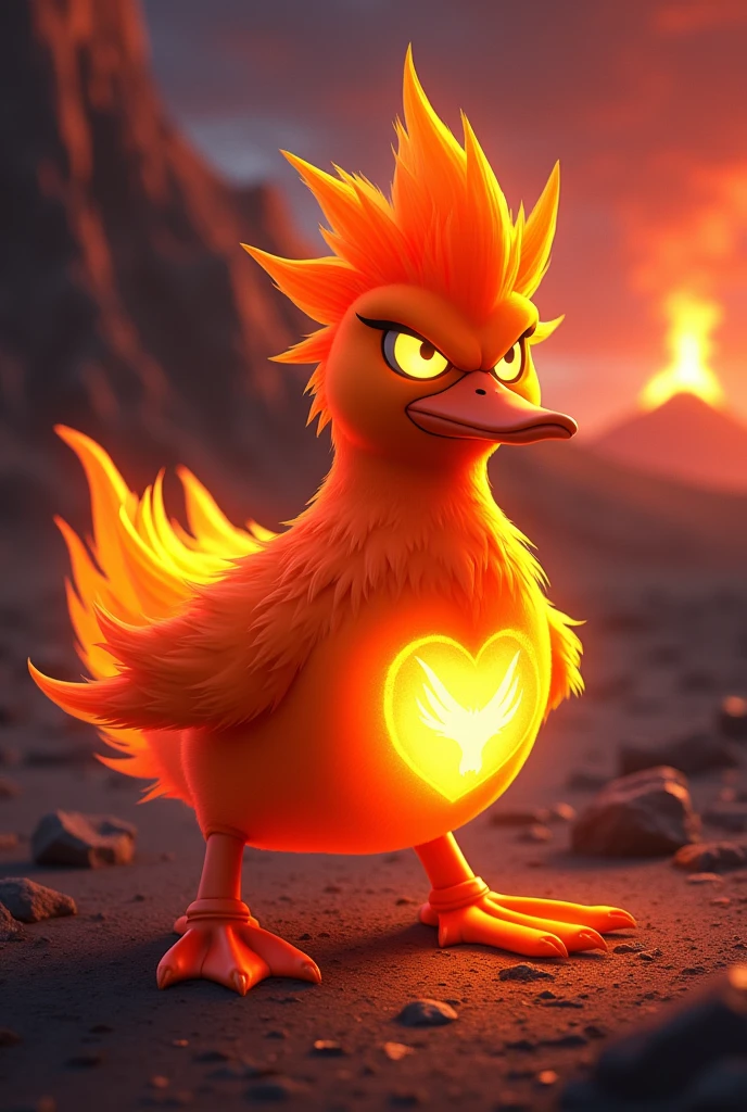 Make a Duck that looks like the Angry Chick with Yellow eyes With Orange feathers with Spiky hair Similar to that of a Saiyan in the color Orange and with a fire aura and have a fire logo drawn on the Duck's belly and In the colorless place With a volcano erupting very far from the Duck and a dark Red sky and the title of the Name with text in the color bluish gray written "Duck Life 4" in the disney style