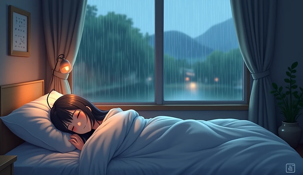 Create a high-quality anime-style scene of a cozy bedroom during a gentle rainstorm. The room should have soft, warm lighting with detailed elements like a bed, pillows, and a window showing raindrops only on the outside. A person is lying peacefully in bed, and the view through the window should show raindrops softly hitting the glass, with no rain inside the room. Capture the serene and calming atmosphere, focusing on the cozy interior contrasted with the rainy exterior. Ensure clear, realistic details, especially in the textures, lighting, and expressions.