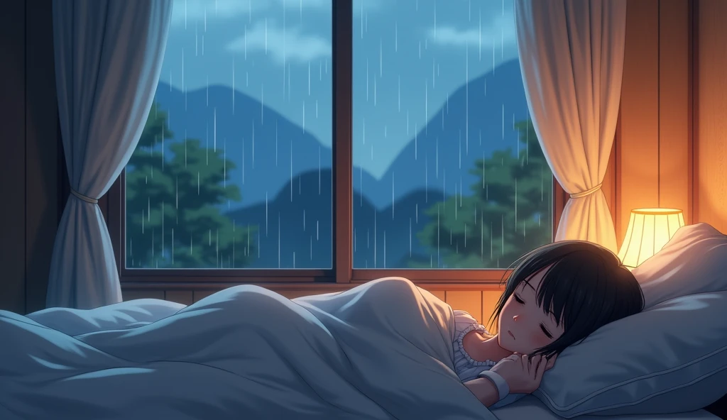 Create a high-quality anime-style scene of a cozy bedroom during a gentle rainstorm. The room should have soft, warm lighting with detailed elements like a bed, pillows, and a window showing raindrops only on the outside. A person is lying peacefully in bed, and the view through the window should show raindrops softly hitting the glass, with no rain inside the room. Capture the serene and calming atmosphere, focusing on the cozy interior contrasted with the rainy exterior. Ensure clear, realistic details, especially in the textures, lighting, and expressions.