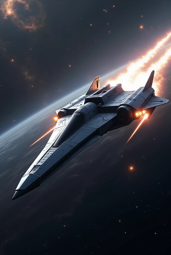 create an image of a spaceship flying at warp speed