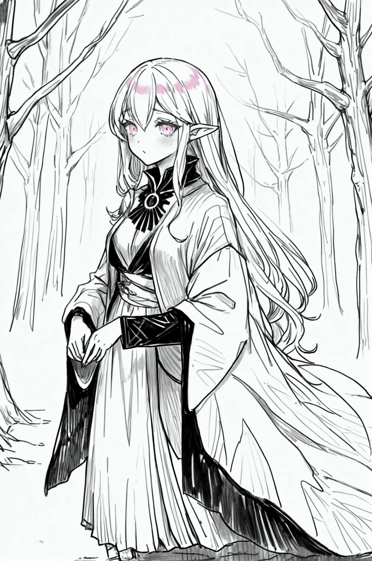 Anime style, female young girl, half elfa, pretty transpareent ethereal clothing, cute, abyssal witch, forest, 