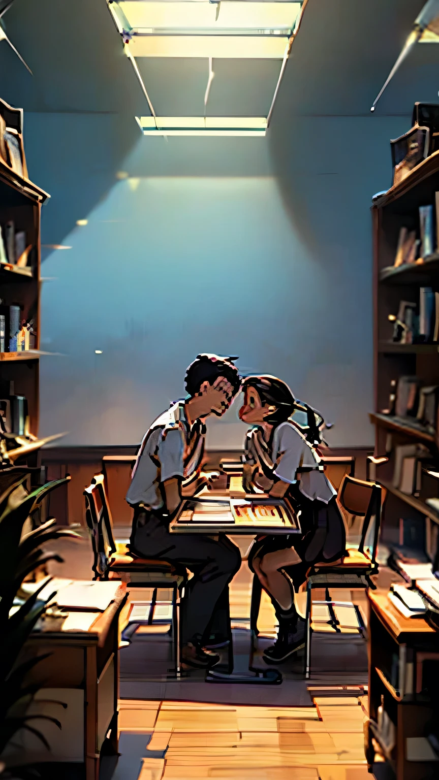 Create an anime-style image set in a bright and cozy library. The scene features two high school students, a boy and a girl, sitting side by side at a wooden desk. The boy is wearing a cutter shirt with a tie and pants, while the girl is dressed in a sailor-style uniform with a skirt. They are sitting side by side, with open books spread out on the desk in front of them, studying together. Both students are holding pens, writing something in their notebooks while looking at the books on the desk. They are smiling and enjoying each other's company. The scene is viewed from the front, showing their faces and the warm, soft light illuminating the space, creating a cheerful and pleasant atmosphere. In the background, large windows reveal a clear summer sky with vibrant blue colors, enhancing the fresh and lively ambiance. The bookshelves filled with books further emphasize the library setting.