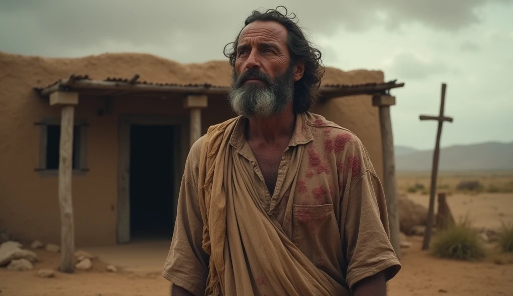 Create a realistic image of Job, as described in the Bible, portraying him in a dramatic and emotional scene. Job must be in front of his house, with a face marked by pain and suffering, covered in ulcers that spread from head to toe. Your expression should convey despair, but also a deep resilience and faith. Behind him, the house should reflect a simple and rustic environment, characteristic of the time, with a slightly cloudy sky, symbolizing the turbulence of his life. This image will be used in a scene from a YouTube video, so it is important that you convey the intensity of your story and the fight against adversity.