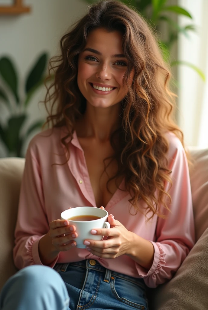 (photorealism: 1.2), Beautiful woman, with a pink blouse, jeans pants, long curly hair, indoor, Soft lighting, Plants in the background, window with sunlight, cozy room, relaxed pose, realist, intricate details, warm colors, a cup of tea in her hands.