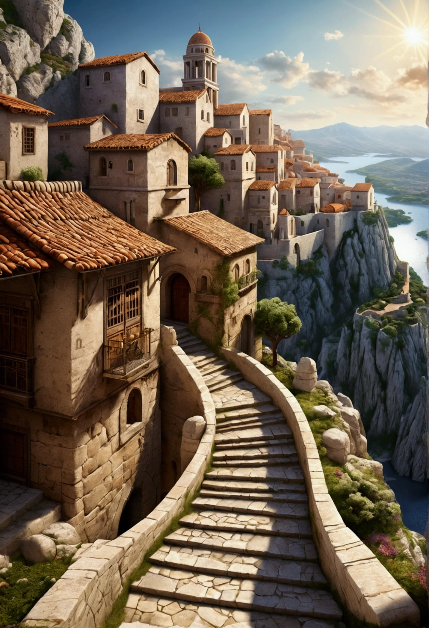 beautiful medieval fantasy city on top of a mountain, ancient greek roman architecture, steps, staircases, alleyways, streets, people, markets, houses, palaces, small castles, bridges between mountains, a huge draconic temple in the middle of the town, white stones, clear open sky, radiant sun, some goblins walking around, eagles, merchants, extremely detailed, high resolution, photorealistic, dramatic lighting, warm colors, intricate details, epic scale, breathtaking landscape, awe-inspiring, 8k, use sofisticated artistic skills to give life to this marvelous image
