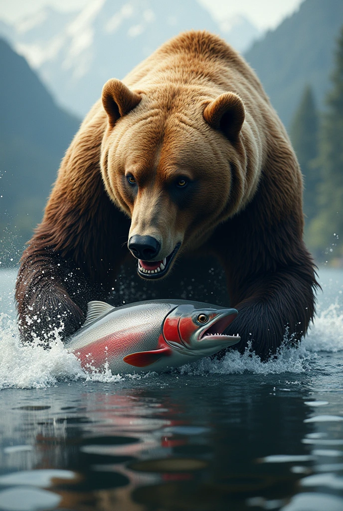 A Grizzly Bear, massive in size, deep brown in color; its head stuck in the lake trying to catch a Salmon with its strong jaws; masterpiece