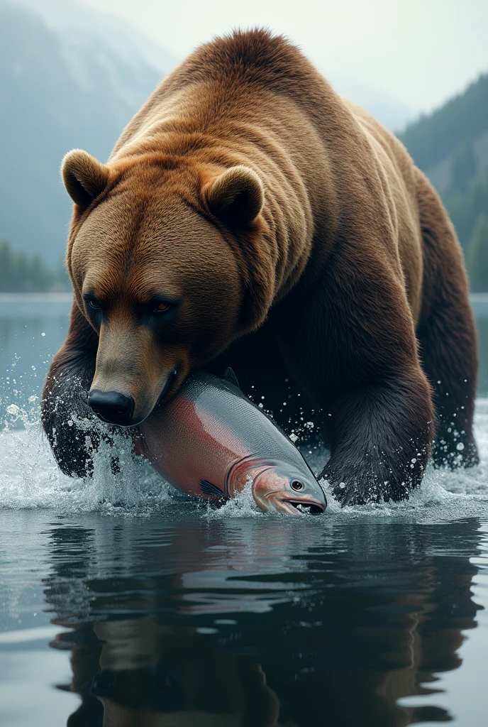 A Grizzly Bear, massive in size, deep brown in color; its head stuck in the lake trying to catch a Salmon with its strong jaws; masterpiece