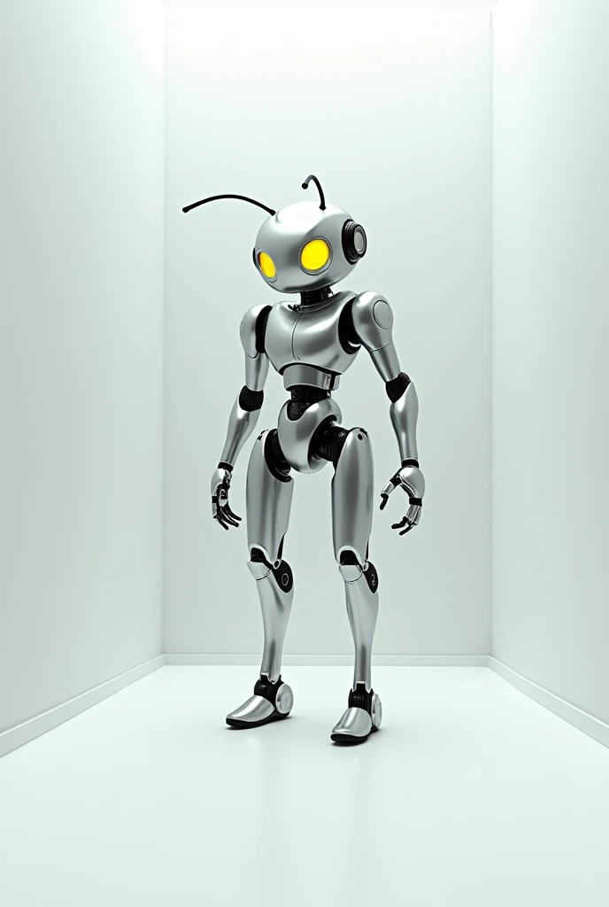 Ant ,metalic human robot ,red colour,white box room, robot, eye colour yellow with shinning glasses