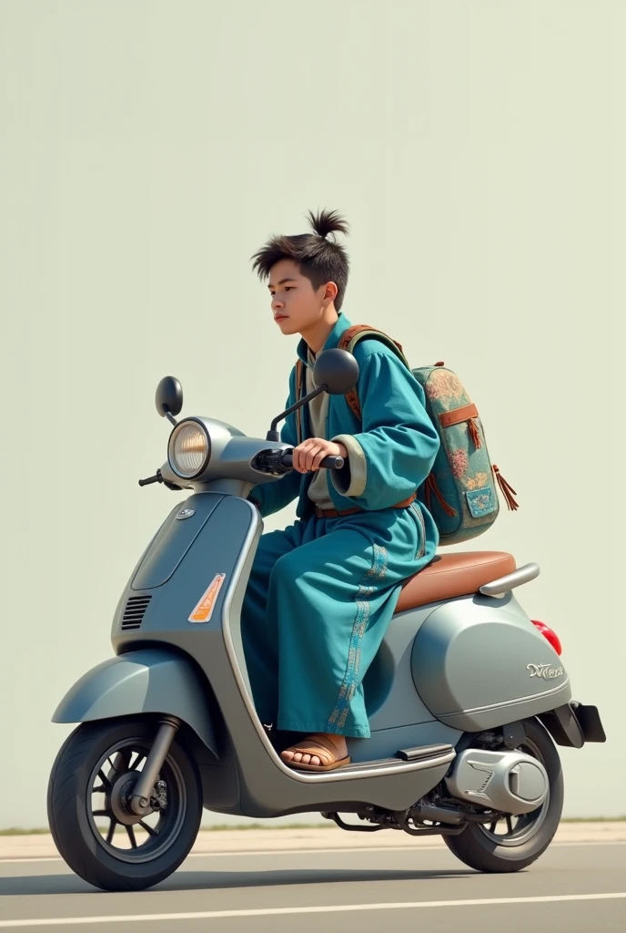 A boy riding a grey ntorq scooter in Tibetan culture dress in blue color and while background