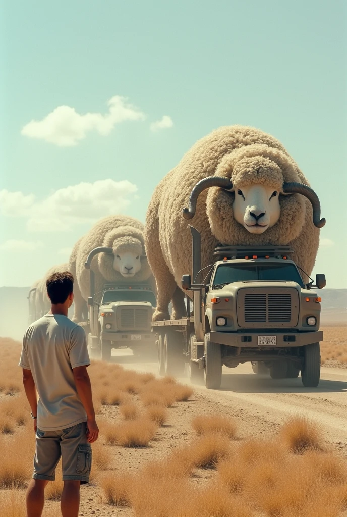 A man wearing a summer shirt and summer shorts looks from a distance at a convoy of four-wheel drive vehicles pulling a giant, very realistic, real narrative sheep.