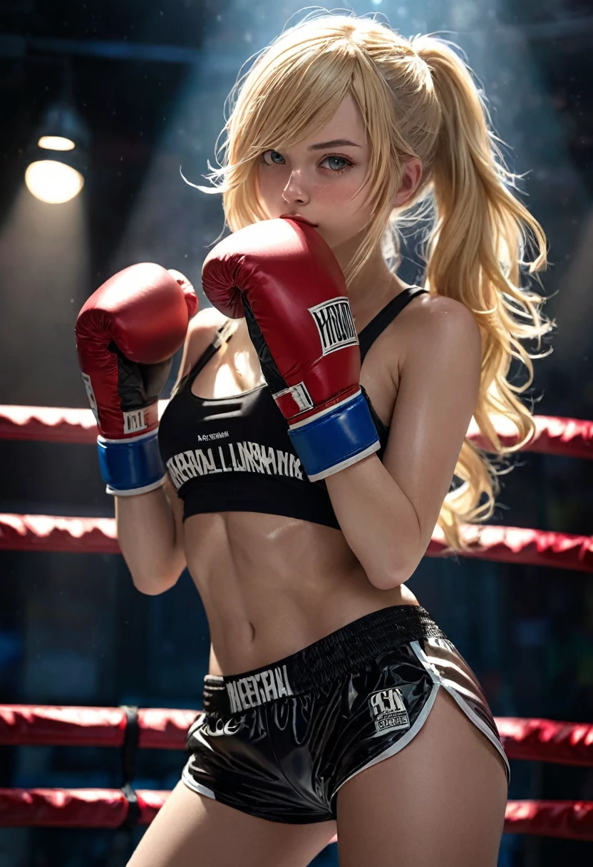 sexy girl, long blonde hair, thin, small breasts, boxer, ready in the ring, boxing gloves, plaster on nose, sexy, full body, (best quality, 4k, 8k, high resolution, masterpiece: 1.2), ultra-detailed, (realistic, photorealistic, photorealistic: 1.37), details intricate, vivid colors, sharp focus, professional, realistic photography, shadow play, lighting soft, fun pose, dark tones, ethereal background, fantasy elements, texture, layered composition.

