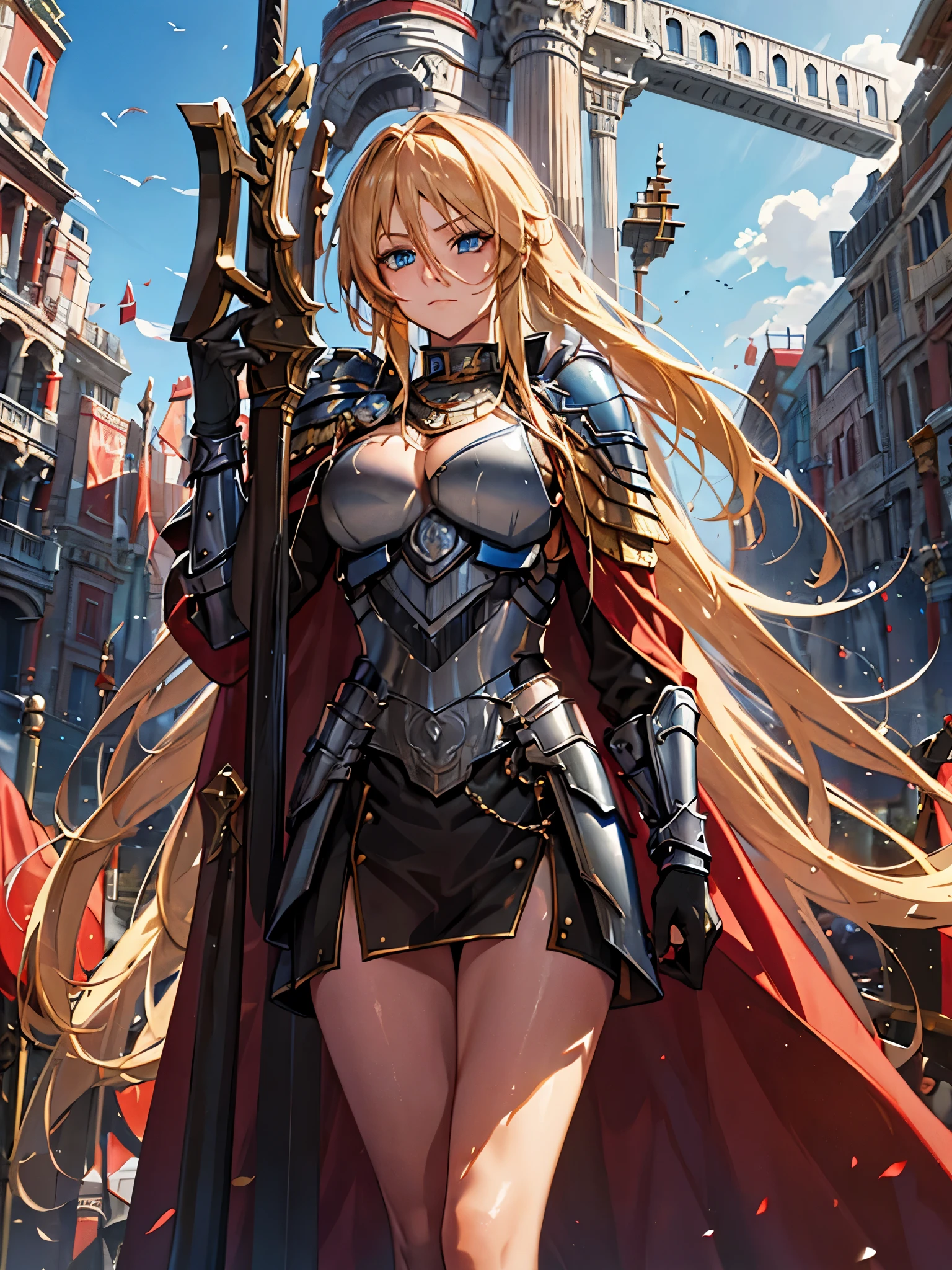 A woman with long blond hair, with blue eyes, wearing armor, wearing a centurion's helm, with a red cape, outside a Roman colisseum
