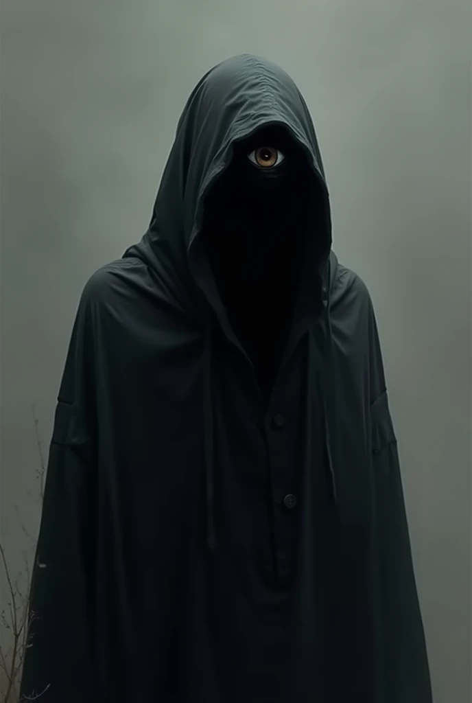 A hoodie with dark face and an eye on top of the head