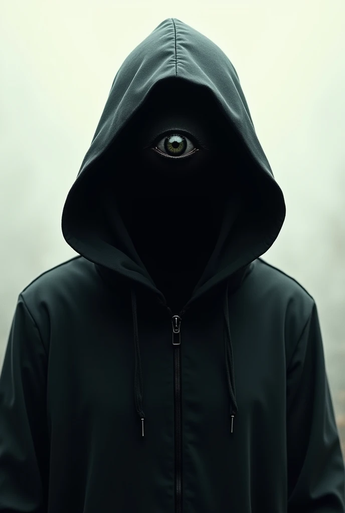 A hoodie with dark face and an eye on top of the head