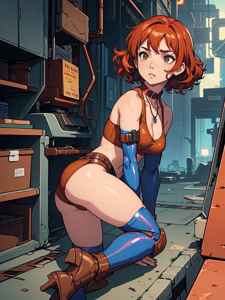 (masterpiece), (best quality), (1girl), (adult), (copper red hair), (curly hair), (short hair), body figure, small breasts, (brown eyes), freckles, (blue cyberpunk outfit), boots, chocker necklace