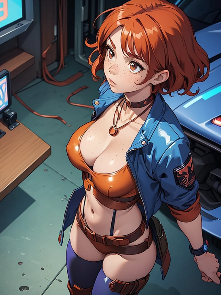 (masterpiece), (best quality), (1girl), (adult), (copper red hair), (curly hair), (short hair), body figure, small breasts, (brown eyes), freckles, (blue cyberpunk outfit), boots, chocker necklace