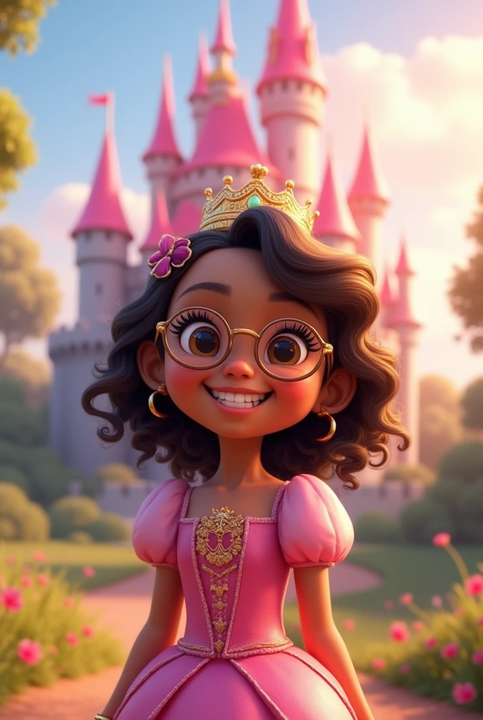 Little princess, full body image, , wears glasses and a crown, eyes browns, brown skin, smiling, shoulder length hair, curly and dark brown, in the background landscape pink castle
