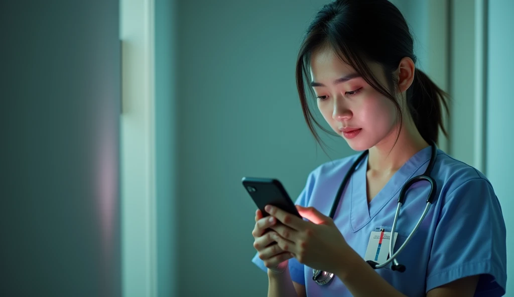 Create an image of an Asian female nurse playing on her phone.,Sexual harassment,rape,card