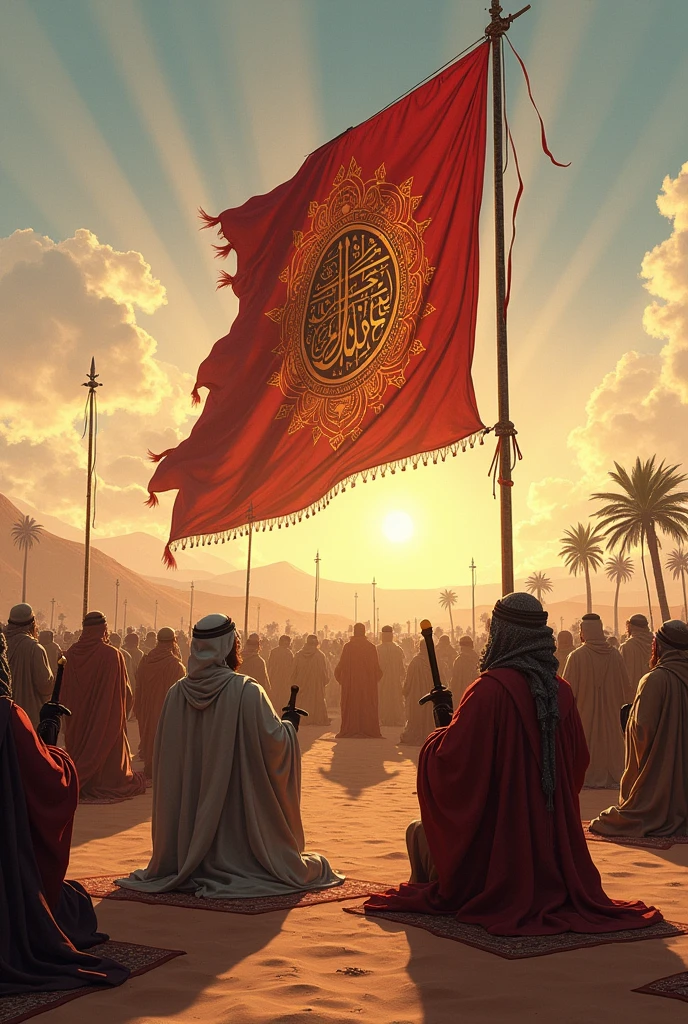 Ancient Muslim Arabs crowed doing prayer at dessert and slogan of victory with swards